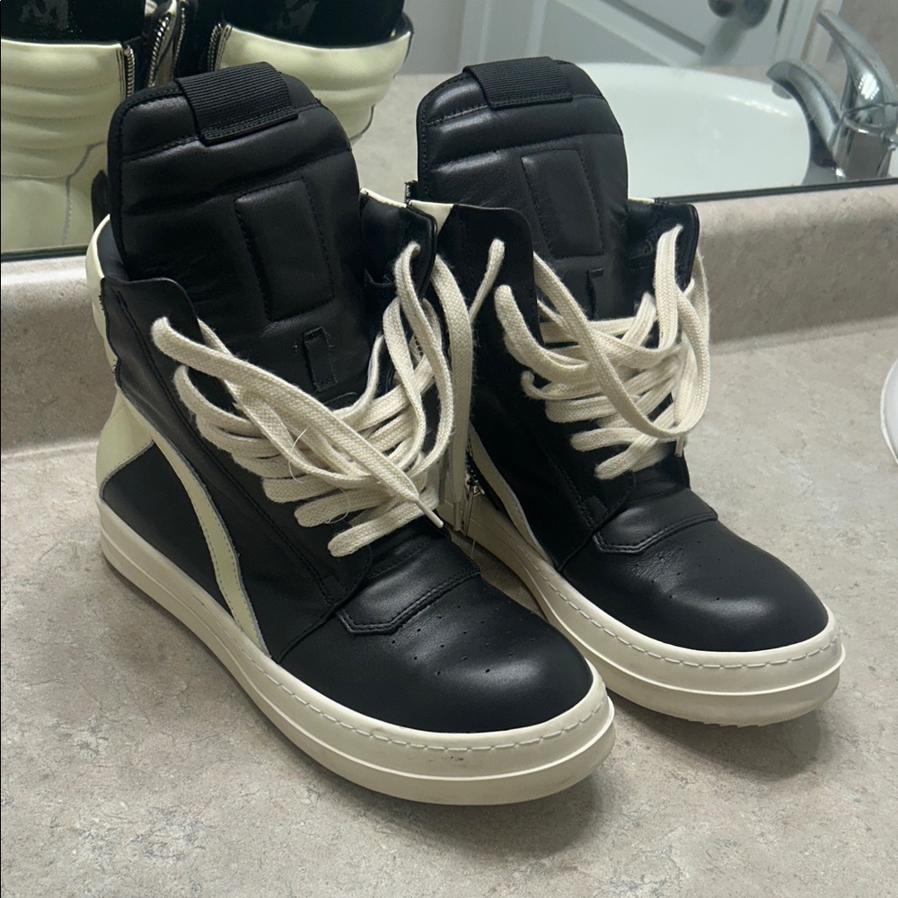 Rick Owens Black and White High-Top Sneakers willing to negotiate